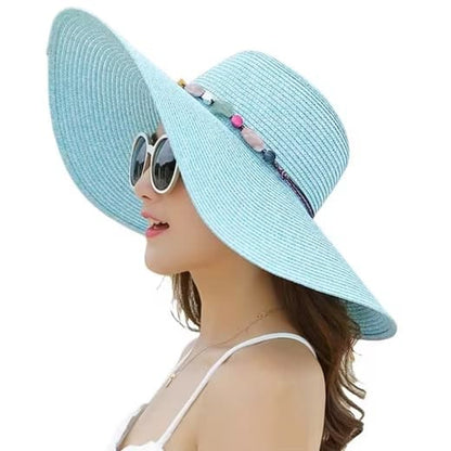 Women's Wide Brim Straw Hat UPF50+ Sun Protection Foldable Beach Hat, Light Blue V1188-MS-325-1921