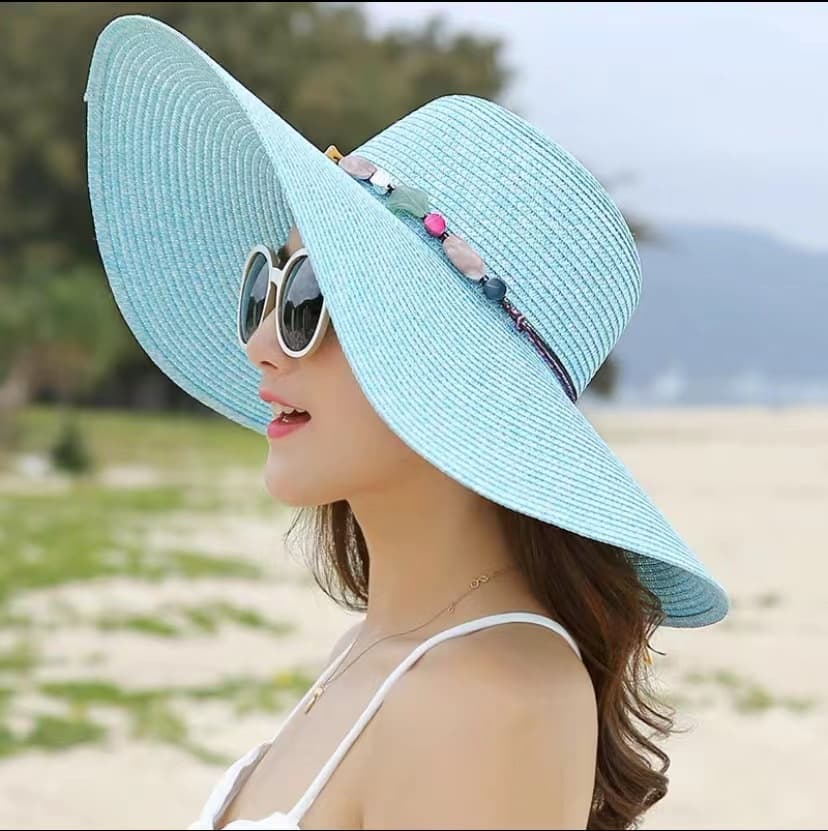 Women's Wide Brim Straw Hat UPF50+ Sun Protection Foldable Beach Hat, Light Blue V1188-MS-325-1921