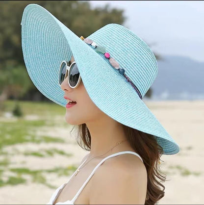 Women's Wide Brim Straw Hat UPF50+ Sun Protection Foldable Beach Hat, Light Blue V1188-MS-325-1921