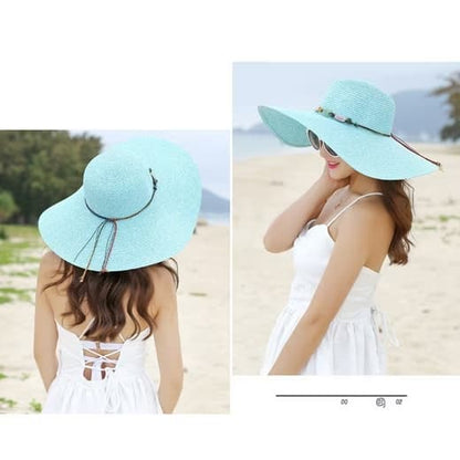 Women's Wide Brim Straw Hat UPF50+ Sun Protection Foldable Beach Hat, Light Blue V1188-MS-325-1921