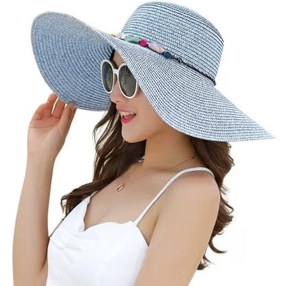 Foldable Straw Hat for Women UPF50+ Sun Protection Wide Brim, Blue, One Size V1188-MS-325-1922