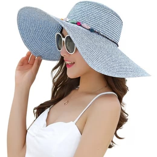 Foldable Straw Hat for Women UPF50+ Sun Protection Wide Brim, Blue, One Size V1188-MS-325-1922
