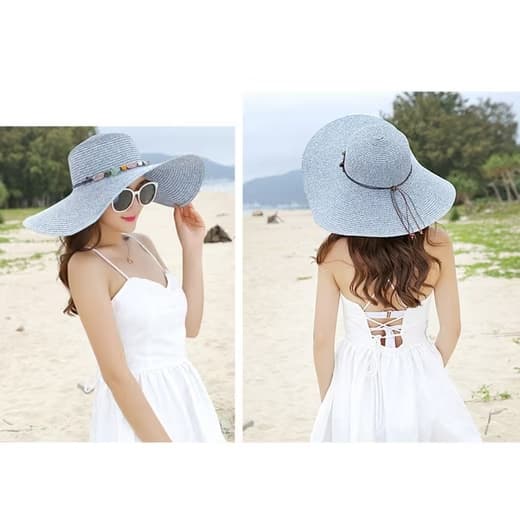 Foldable Straw Hat for Women UPF50+ Sun Protection Wide Brim, Blue, One Size V1188-MS-325-1922