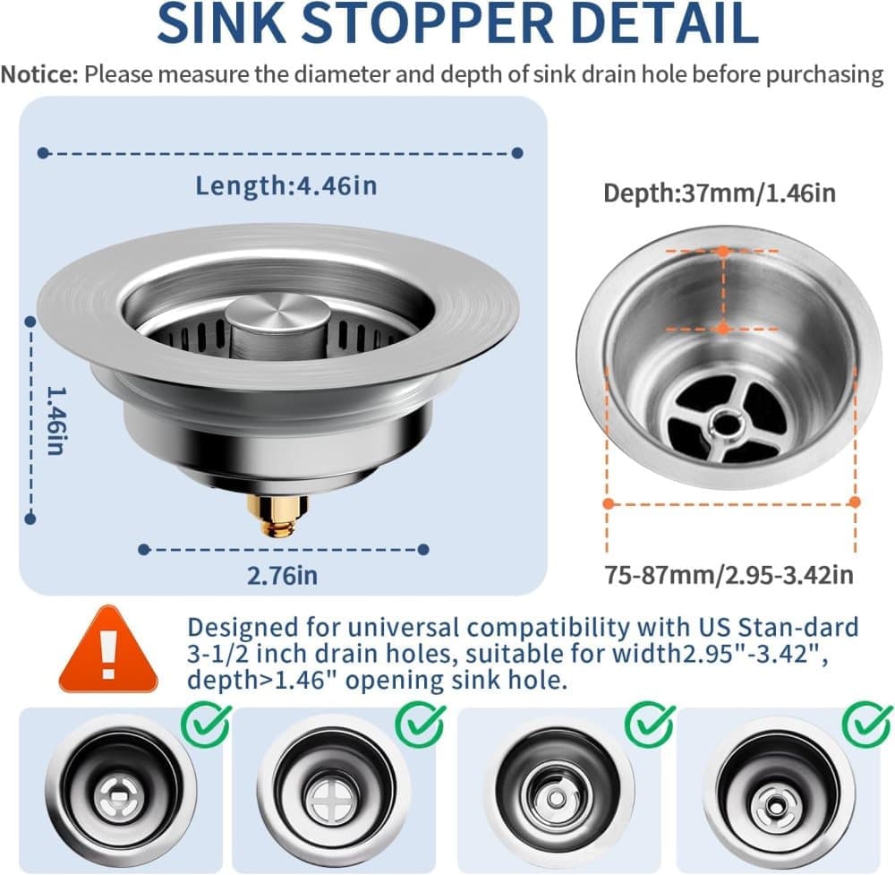 3-in-1 Stainless Steel Sink Strainer with Removable Basket, Easy to Clean Kitchen Strainer V1188-MS-325-1936
