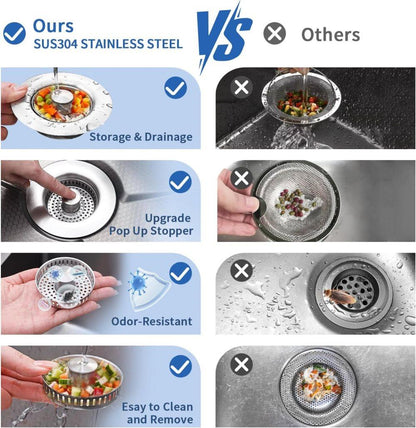 3-in-1 Stainless Steel Sink Strainer with Removable Basket, Easy to Clean Kitchen Strainer V1188-MS-325-1936