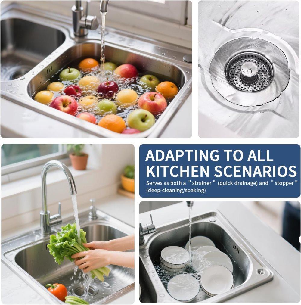 3-in-1 Stainless Steel Sink Strainer with Removable Basket, Easy to Clean Kitchen Strainer V1188-MS-325-1936