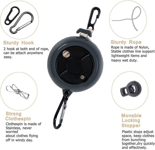 10m Retractable Clothesline, Portable for Indoors and Outdoors, Travel Camping Hotels Gardens, Black V1188-MS-325-1940