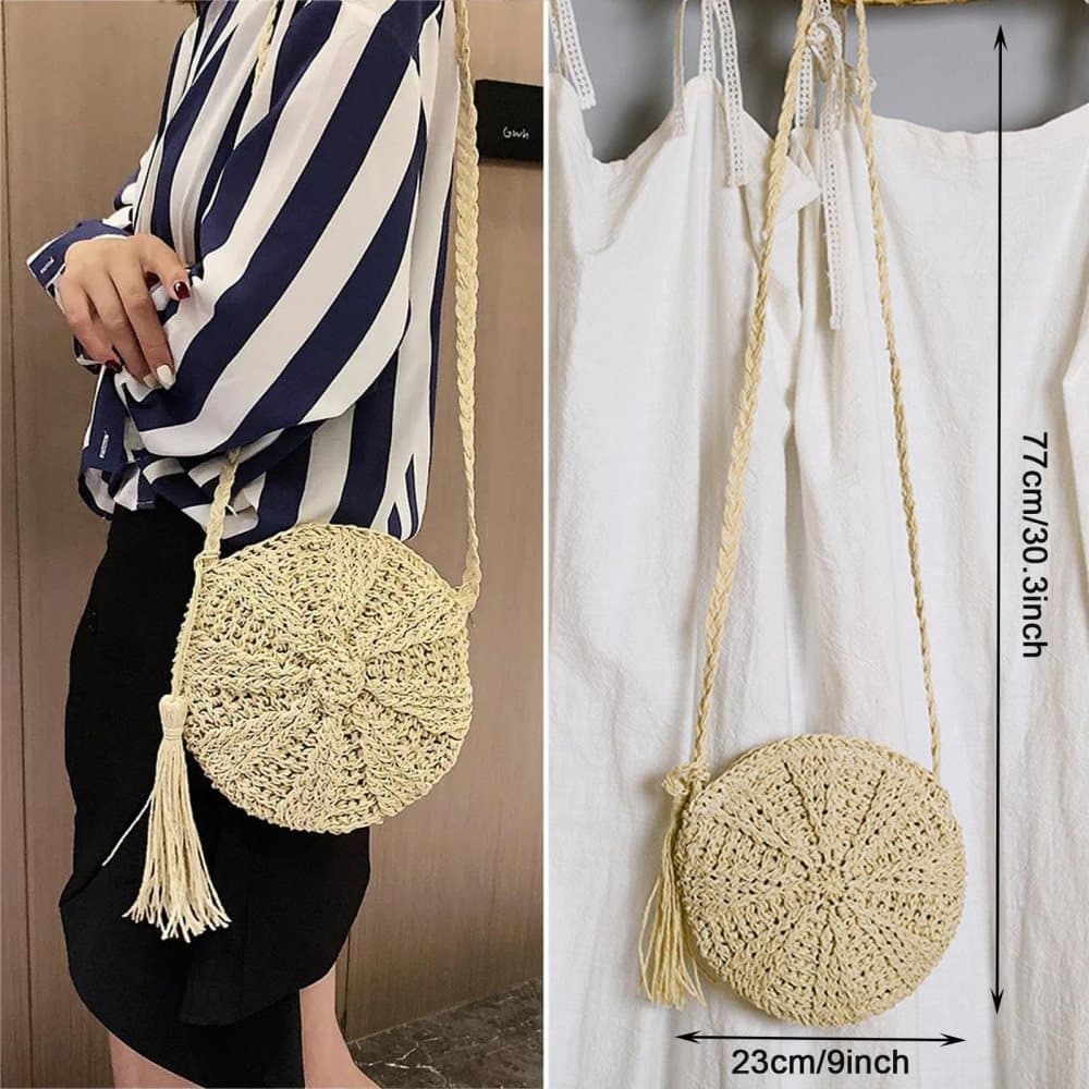 Retro style round straw beach bag, white, perfect for summer V1188-MS-325-1945