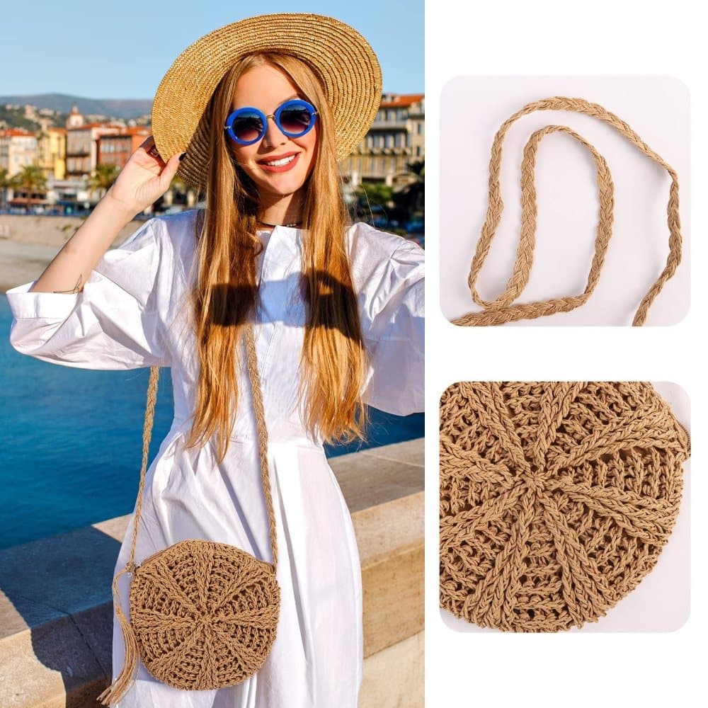 Retro style beach bag round shoulder straw bag for summer, brown, perfect for beach V1188-MS-325-1946