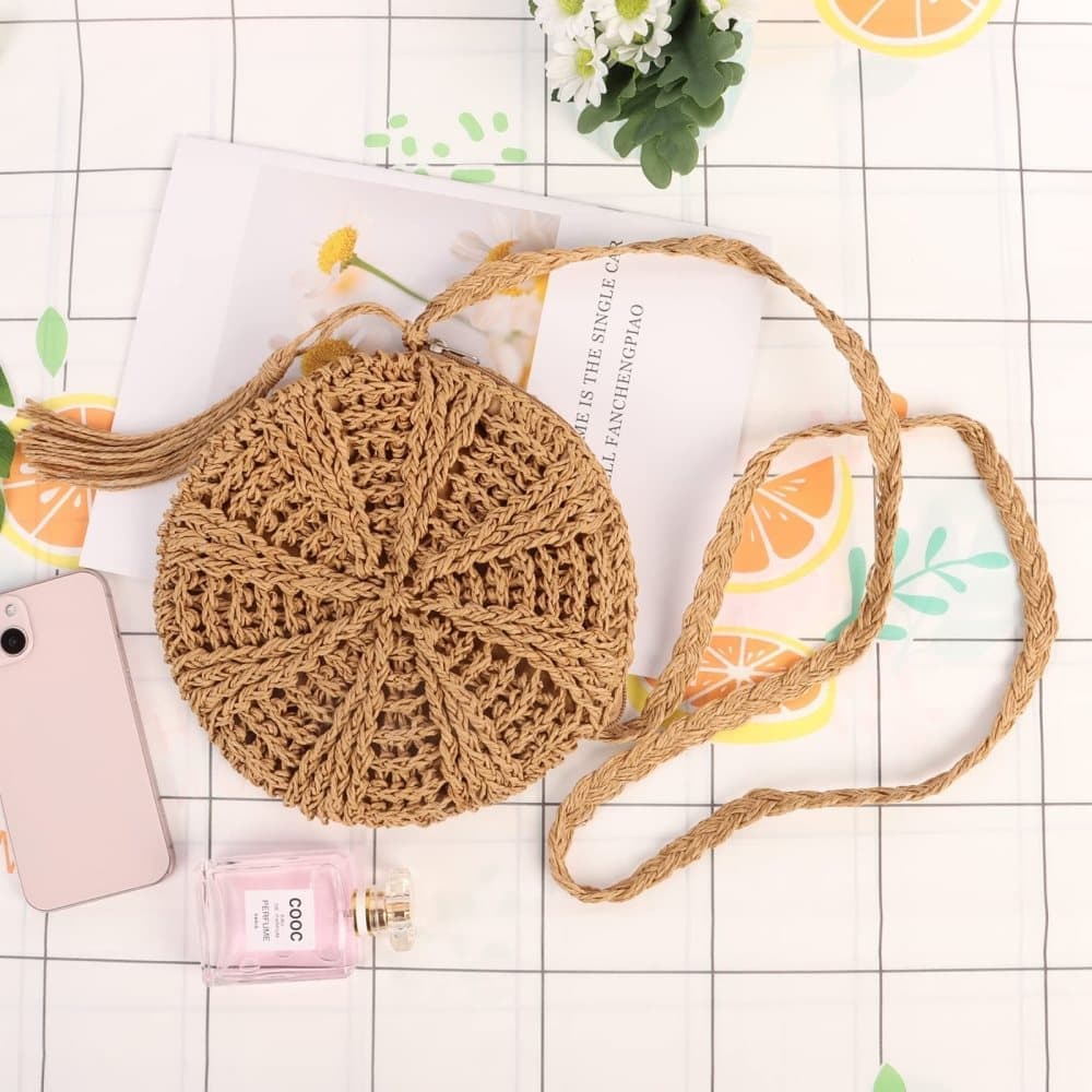 Retro style beach bag round shoulder straw bag for summer, brown, perfect for beach V1188-MS-325-1946