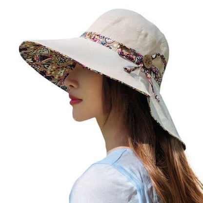 Women's Sun Hat Wide Brim Double-Sided UV Protection Foldable Beach Hat, Beige V1188-MS-325-1948