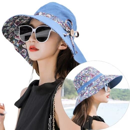 Women's Sun Hat UV Protection Wide Brim Beach Hat Foldable Visor, Double Sided Blue V1188-MS-325-1949