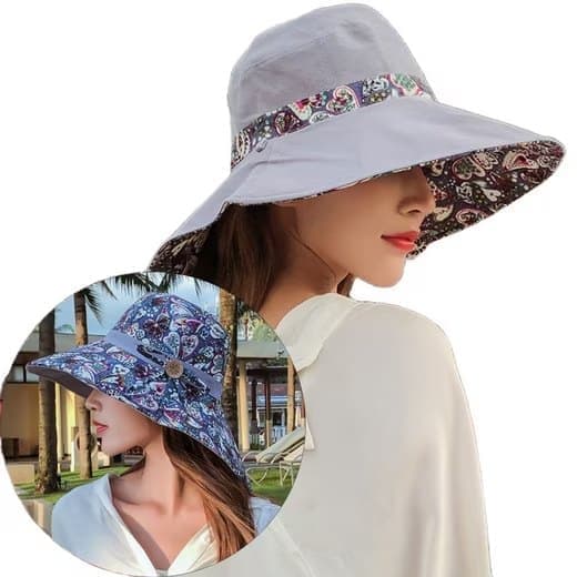 UV Protection Women's Sun Hat Wide Brim Beach Hat Foldable Visor Double-sided Design, Gray V1188-MS-325-1951