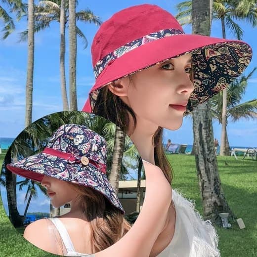 Women's Sun Hat UV Protection Wide Brim Beach Hat Foldable Visor, Red V1188-MS-325-1952