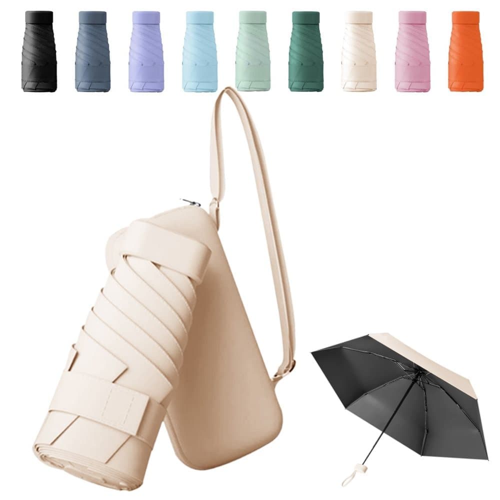 6-Fold Compact UV Protection Umbrella for Sun and Rain, Ultralight with Storage Box, Beige V1188-MS-325-1958
