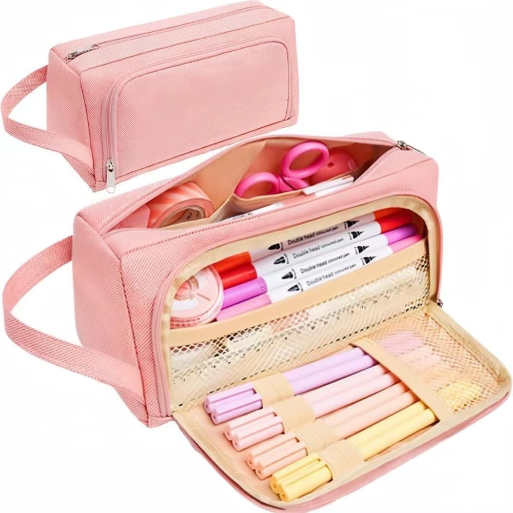 Large Capacity Pencil Case 4 Compartments, Pink/Green/Black, for School Travel Students V1188-MS-325-1965
