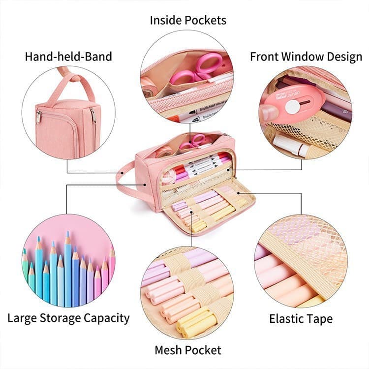 Large Capacity Pencil Case 4 Compartments, Black, Pink, Green, for School Travel, with 4 Compartments V1188-MS-325-1966