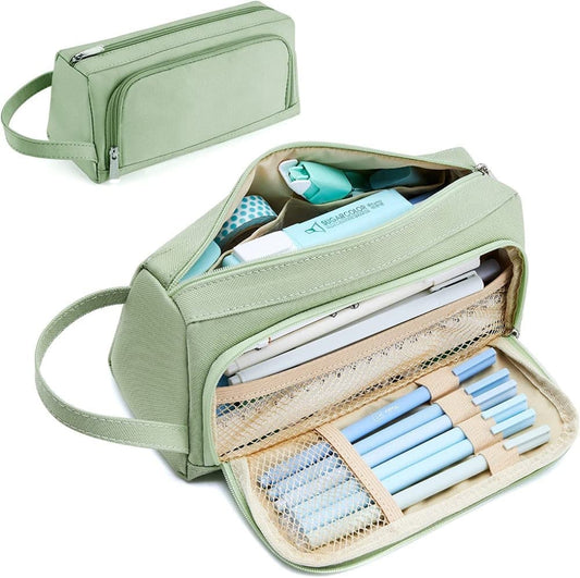 4 Compartments Large Capacity Pencil Case for School Students Travel, Green Pink Black, 9.8 x 5.5 inches V1188-MS-325-1967