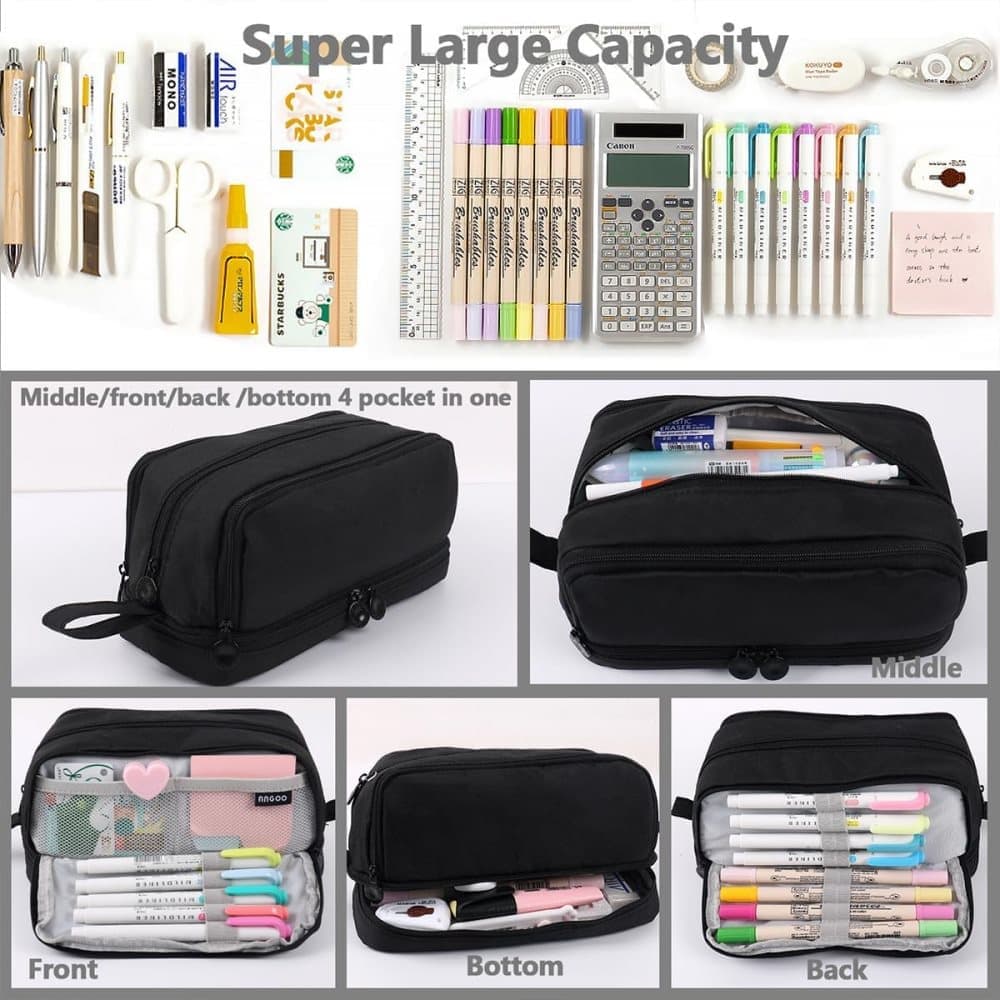 4 Compartments Multifunctional Pencil Case with Handle, Portable Pencil Bag, Black, Large V1188-MS-325-1971