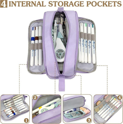Large Pencil Case with 4 Compartments, Portable Multifunctional Pencil Bag with Handle, Purple V1188-MS-325-1972