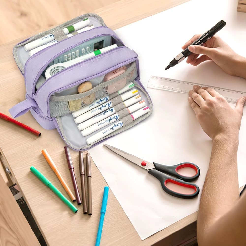 Large Pencil Case with 4 Compartments, Portable Multifunctional Pencil Bag with Handle, Purple V1188-MS-325-1972