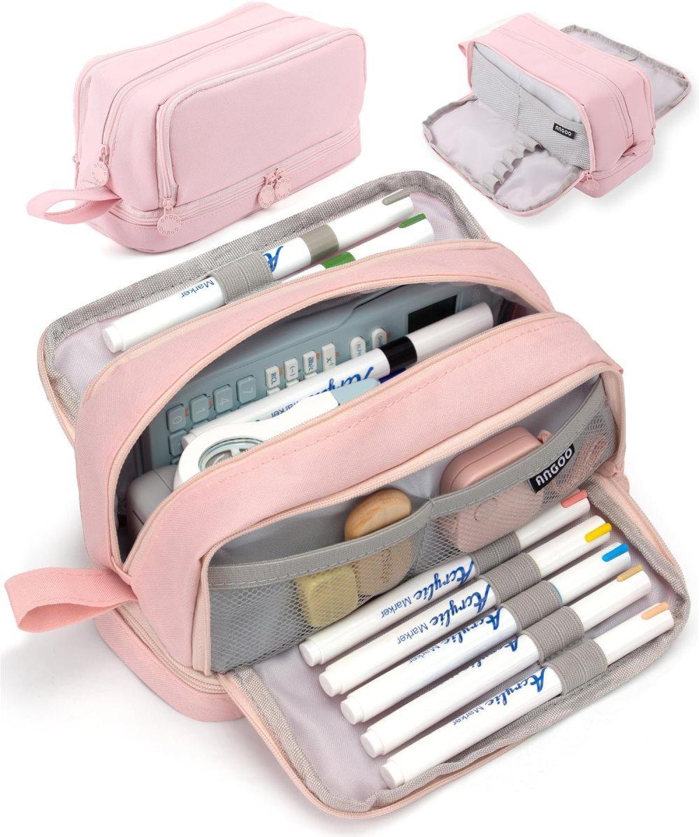 Large Pencil Case with 4 Compartments, Portable Multifunctional Pencil Bag with Handle, Pink V1188-MS-325-1973