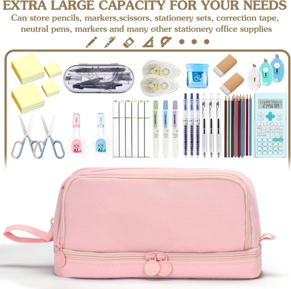 Large Pencil Case with 4 Compartments, Portable Multifunctional Pencil Bag with Handle, Pink V1188-MS-325-1973