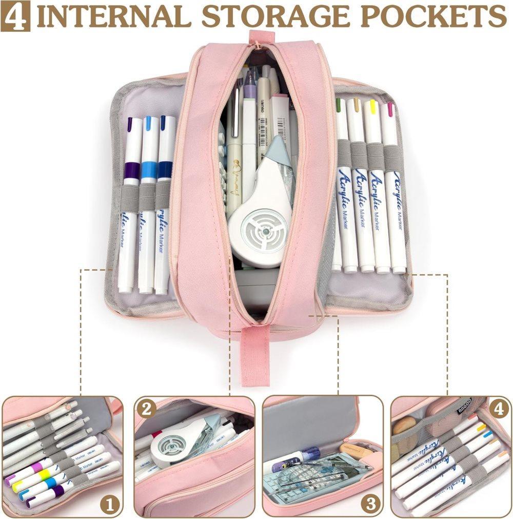 Large Pencil Case with 4 Compartments, Portable Multifunctional Pencil Bag with Handle, Pink V1188-MS-325-1973