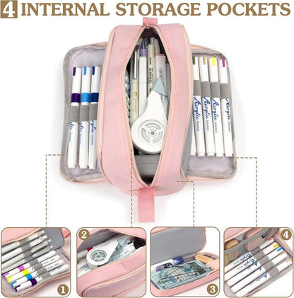 Large Pencil Case with 4 Compartments, Portable Multifunctional Pencil Bag with Handle, Pink V1188-MS-325-1973