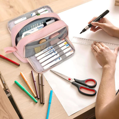 Large Pencil Case with 4 Compartments, Portable Multifunctional Pencil Bag with Handle, Pink V1188-MS-325-1973
