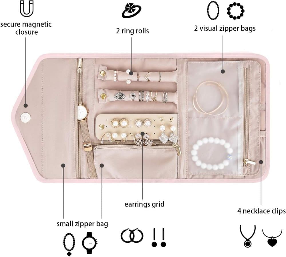 Compact Travel Jewelry Box with Compartments, Pink, 23cm V1188-MS-325-1984