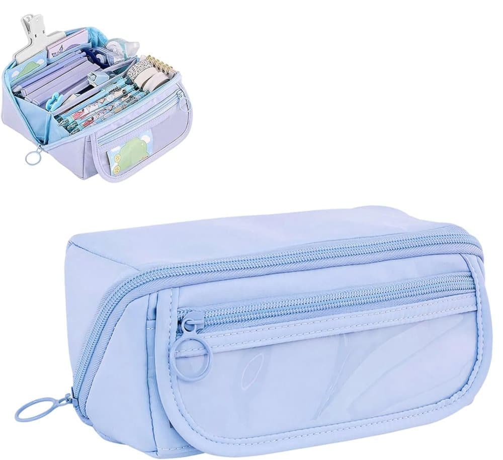 1 Large Waterproof Pencil Case with Zipper, Multifunctional Travel Pencil Box for Students & Office, Blue V1188-MS-325-1990