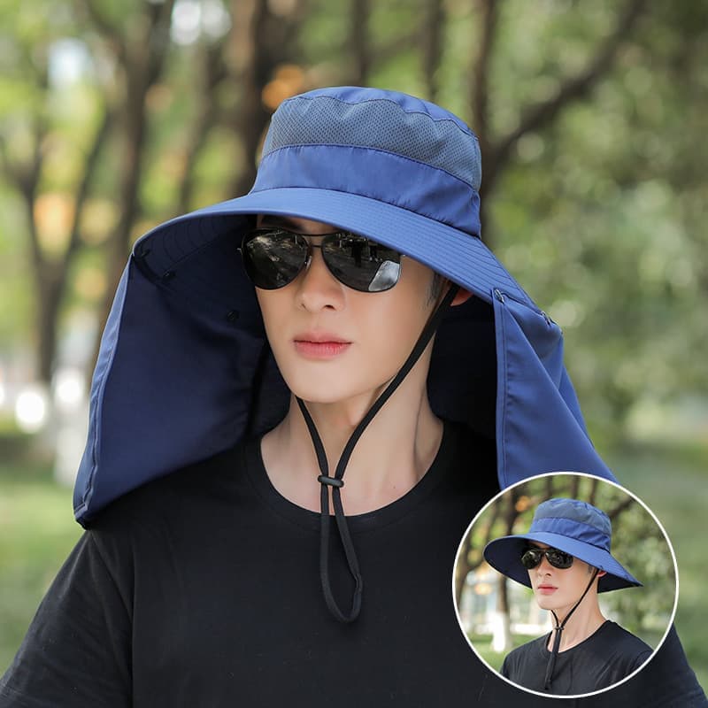 UV Protection Foldable Sun Hat with Neck Protection, Fishing and Hiking Cap, Dark Blue V1188-MS-325-1998