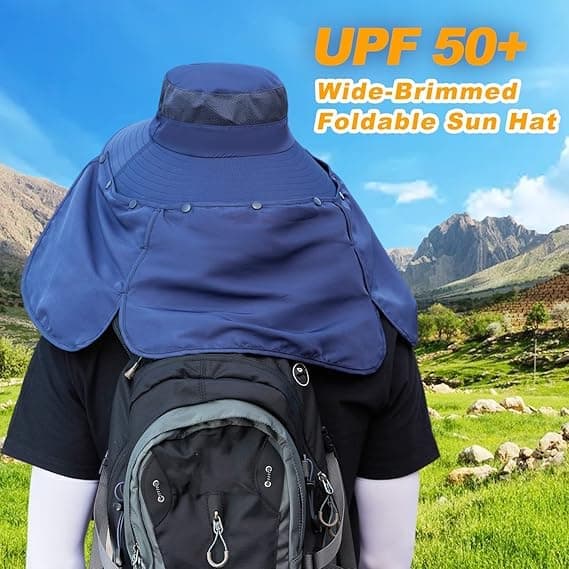 UV Protection Foldable Sun Hat with Neck Protection, Fishing and Hiking Cap, Dark Blue V1188-MS-325-1998
