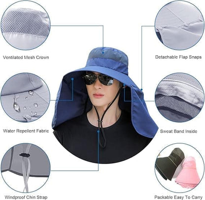 UV Protection Foldable Sun Hat with Neck Protection, Fishing and Hiking Cap, Dark Blue V1188-MS-325-1998