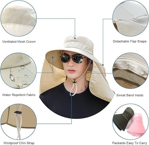 Foldable Sun Hat with Neck Protection UV Protection Fishing and Hiking Cap, Beige V1188-MS-325-1999