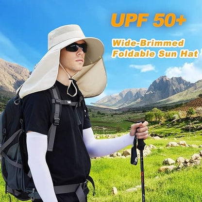 Foldable Sun Hat with Neck Protection UV Protection Fishing and Hiking Cap, Beige V1188-MS-325-1999