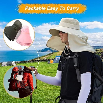 Foldable Sun Hat with Neck Protection UV Protection Fishing and Hiking Cap, Beige V1188-MS-325-1999