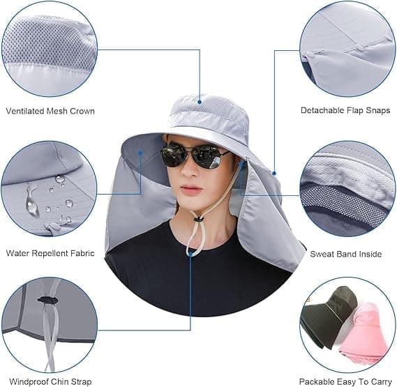 Foldable Sun Hat with Neck Protection UV Protection Fishing and Hiking Cap, Light Gray V1188-MS-325-2000
