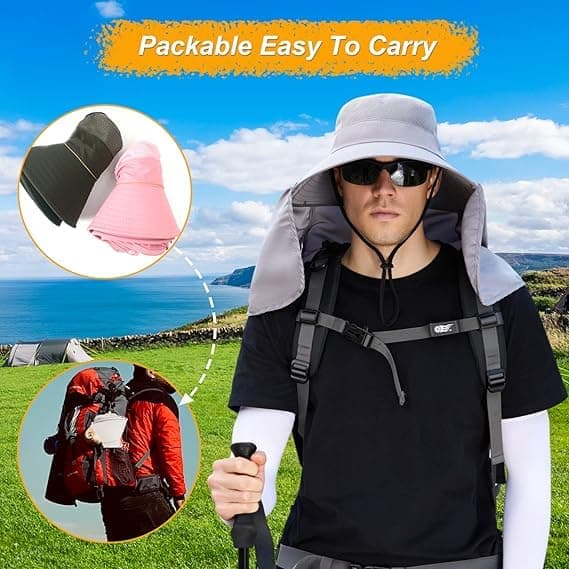 Foldable Sun Hat with Neck Protection UV Protection Fishing and Hiking Cap, Light Gray V1188-MS-325-2000