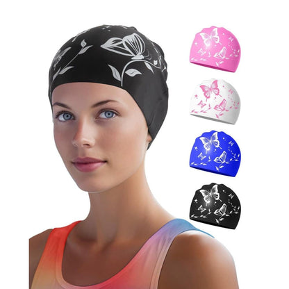 1 Waterproof Silicone Swimming Cap Non-Slip Elastic Comfortable for Adults, One Size, Black V1188-MS-325-2004