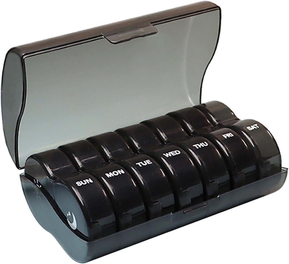 7-Day Round Medicine Dosett Storage with 7 Compartments, compatible with Oral-B, Black V1188-MS-325-2019