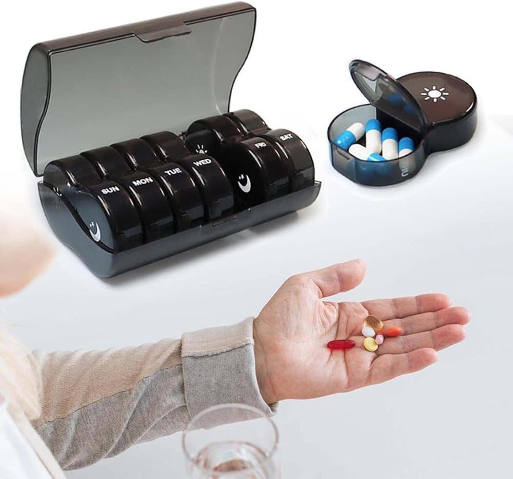 7-Day Round Medicine Dosett Storage with 7 Compartments, compatible with Oral-B, Black V1188-MS-325-2019