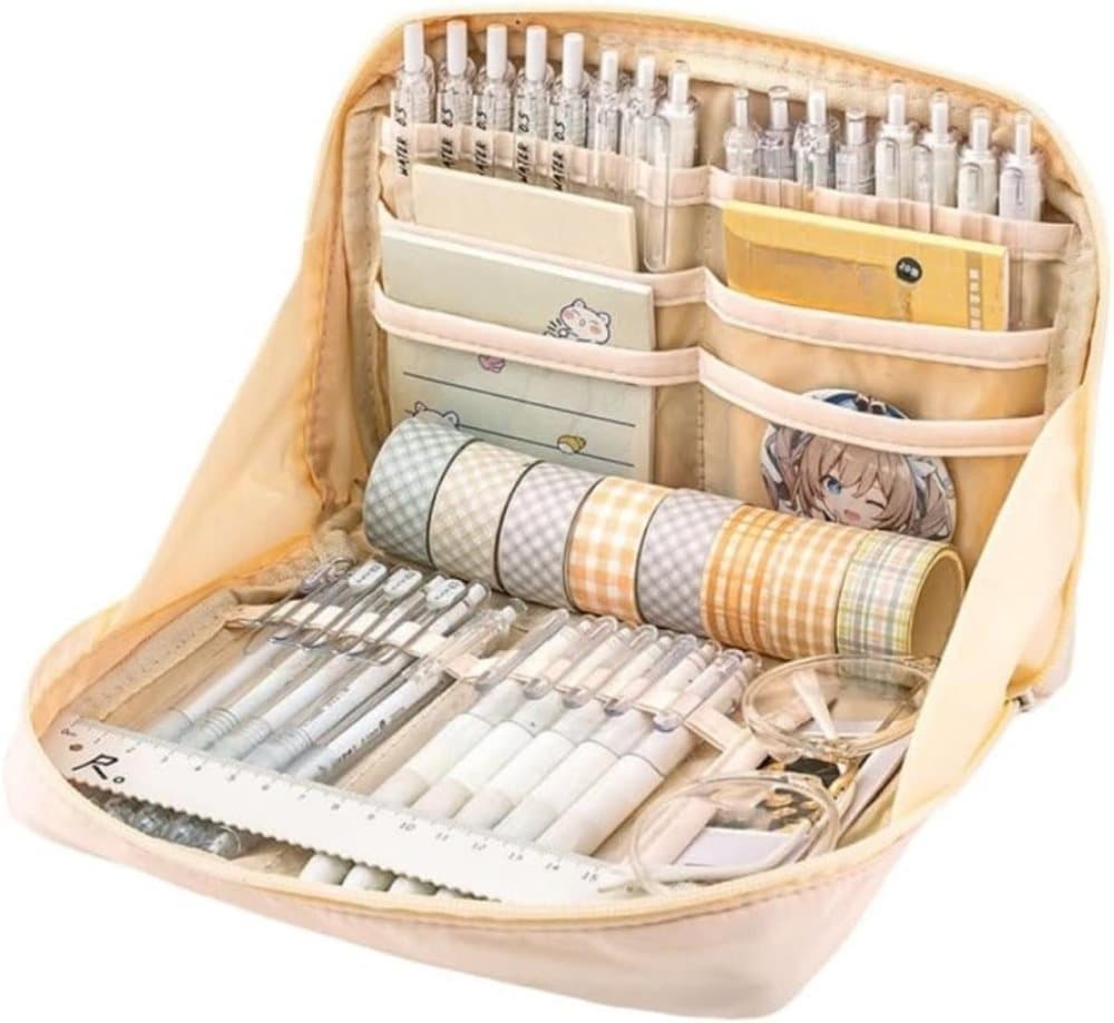 1 Pack White Stylish Pencil Case with Zipper, Large Capacity Multifunctional Travel Pencil Box for School and V1188-MS-325-2082