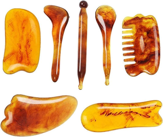 7-piece Gua Sha Set, Resin Facial and Body Massage Tool for Face Legs Back, Gold V1188-MS-325-2095