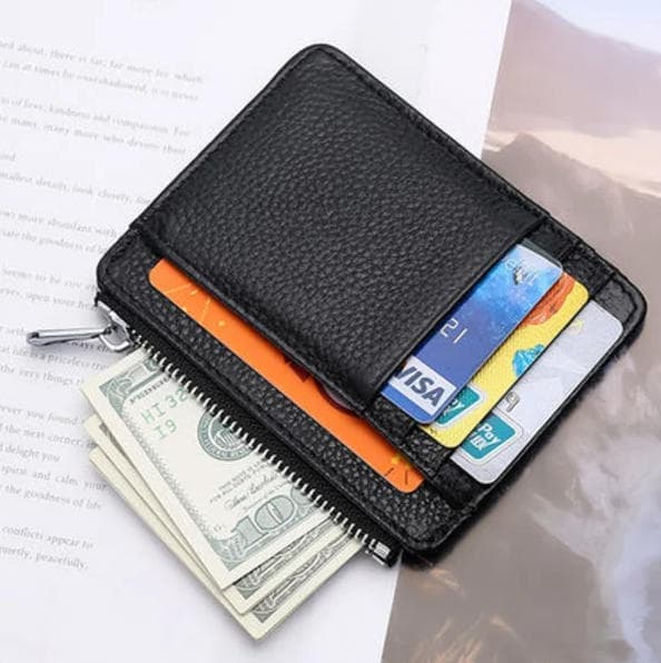 6 Card Slots Zipper Card Holder Wallet, Thin and Durable, Water Repellent and Scratch Resistant, Black V1188-MS-325-2105