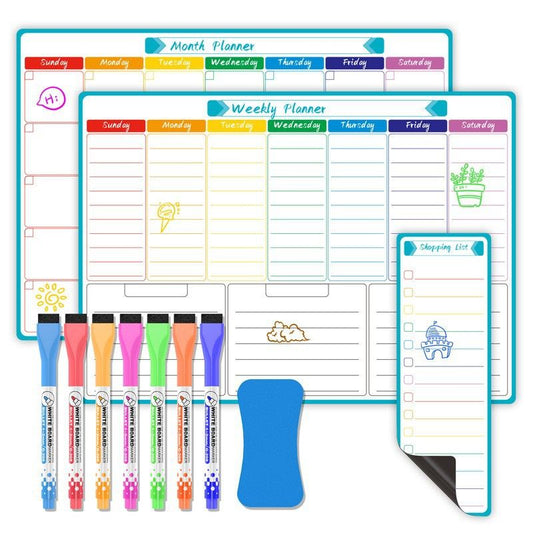 Magnetic Dry Erase Weekly & Monthly Planner Set, Fridge Whiteboard Calendar with 7 Markers & Eraser, Reusable V1188-MS-417-0006