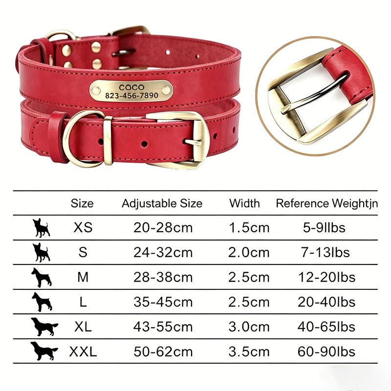 Premium Genuine Leather Dog Collar/Durable Real Leather Adjustable Collars For Male Female(M,Red) V1188-MS-430-1674-8