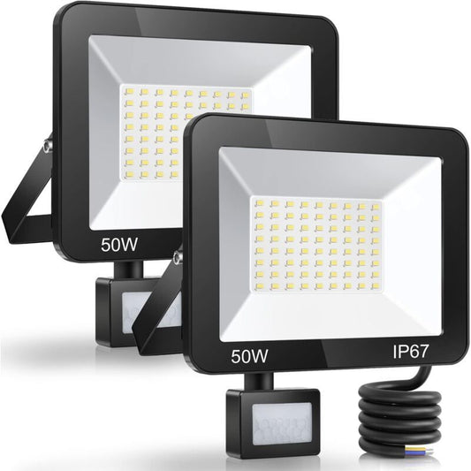 2 Pack LED Floodlight with Motion Sensor, 50W 5000LM 7000K Cool White, IP67 Waterproof V1188-MS-520-014