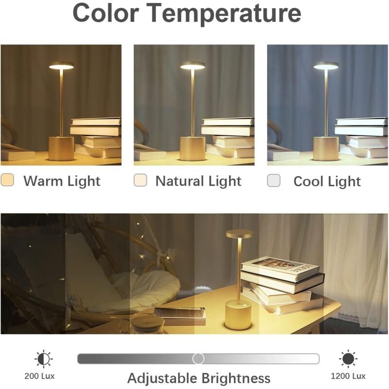 Table Lamp, Rechargeable Wireless LED Metal Desk Lamp, 5000mAh USB Charging, 3 Color Modes V1188-MS-520-016